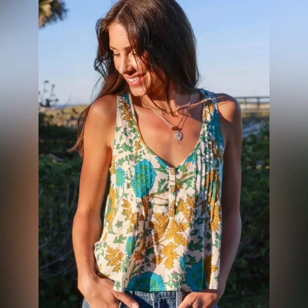 NWT- Savannah Cotton Sleeveless Top - Ochre Leafy Floral - Picture 2 of 13